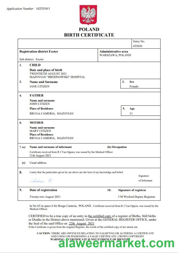 Poland vital record birth certificate Word and PDF template